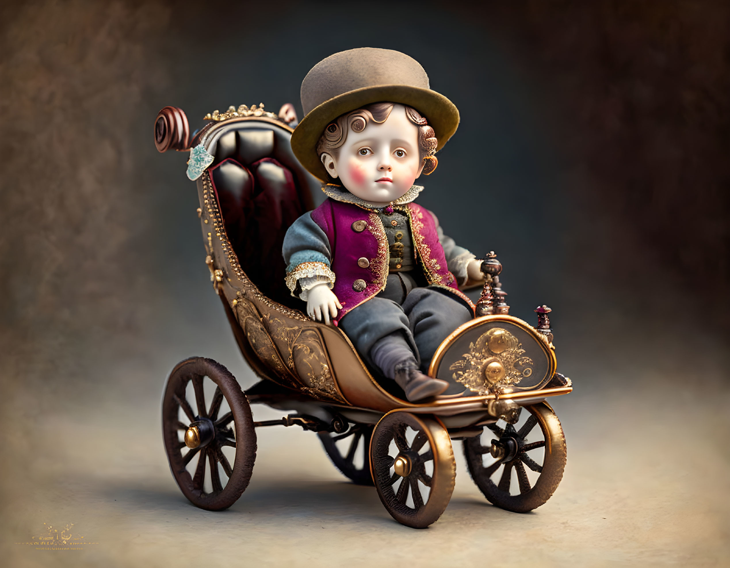 Vintage-style illustration of infant in ornate, wheeled chair with top hat