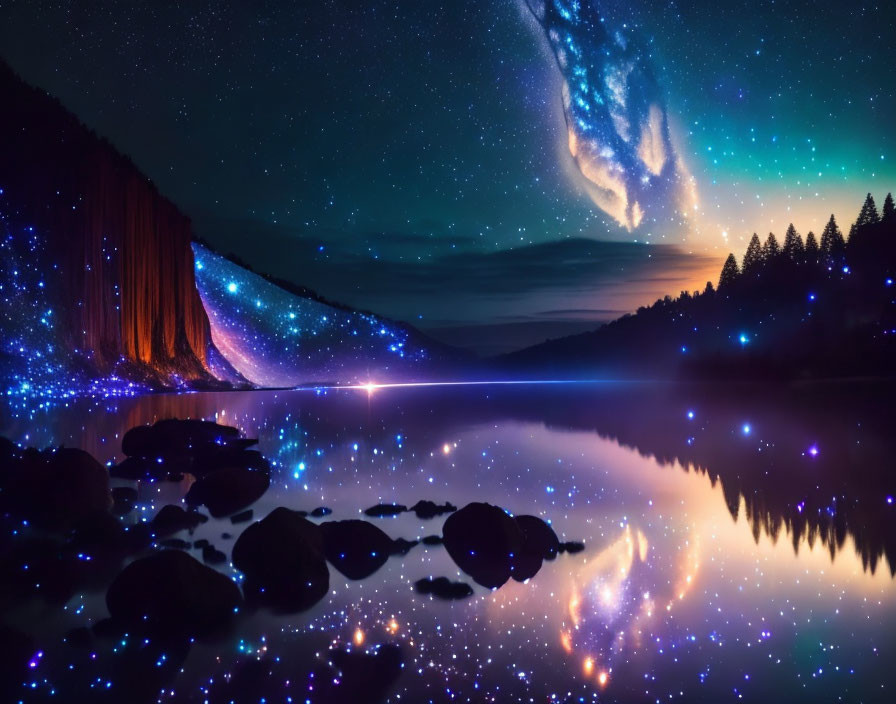 Galaxy rising over reflective lake with northern lights