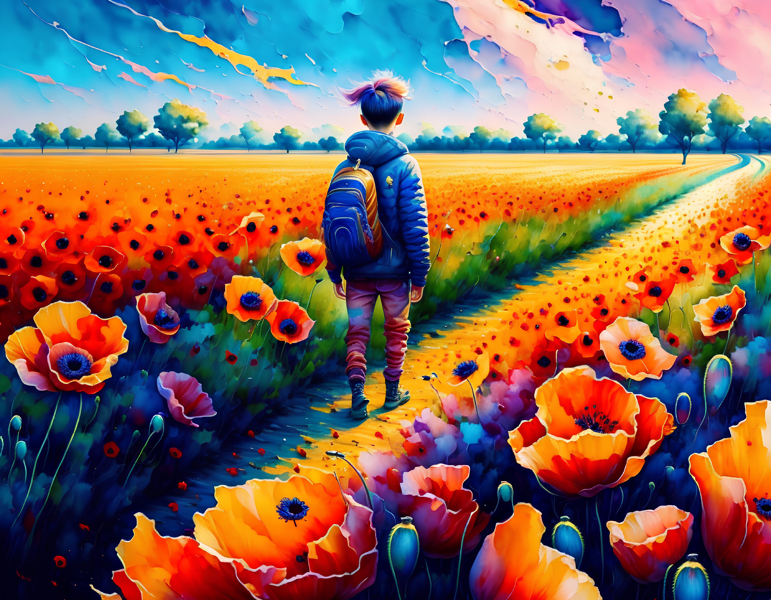 Person in Vibrant Poppy Field with Splitting Path Under Colorful Sky