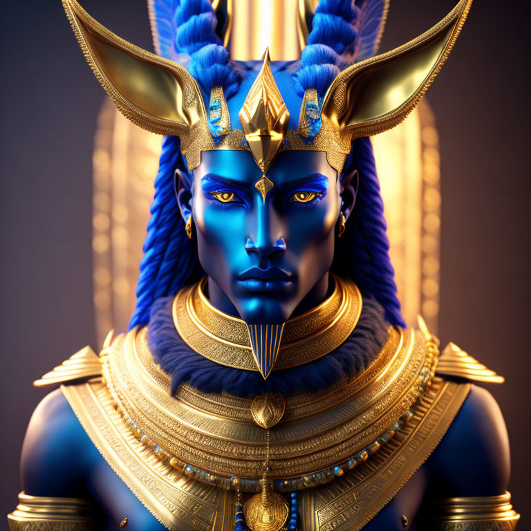 Digital artwork of character with blue skin, feline ears, Egyptian headdress, golden armor