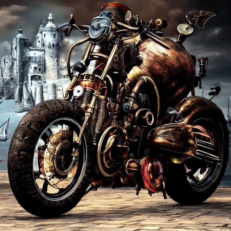 Vintage Custom Motorcycle with Chunky Tires and Metallic Finish near Castle