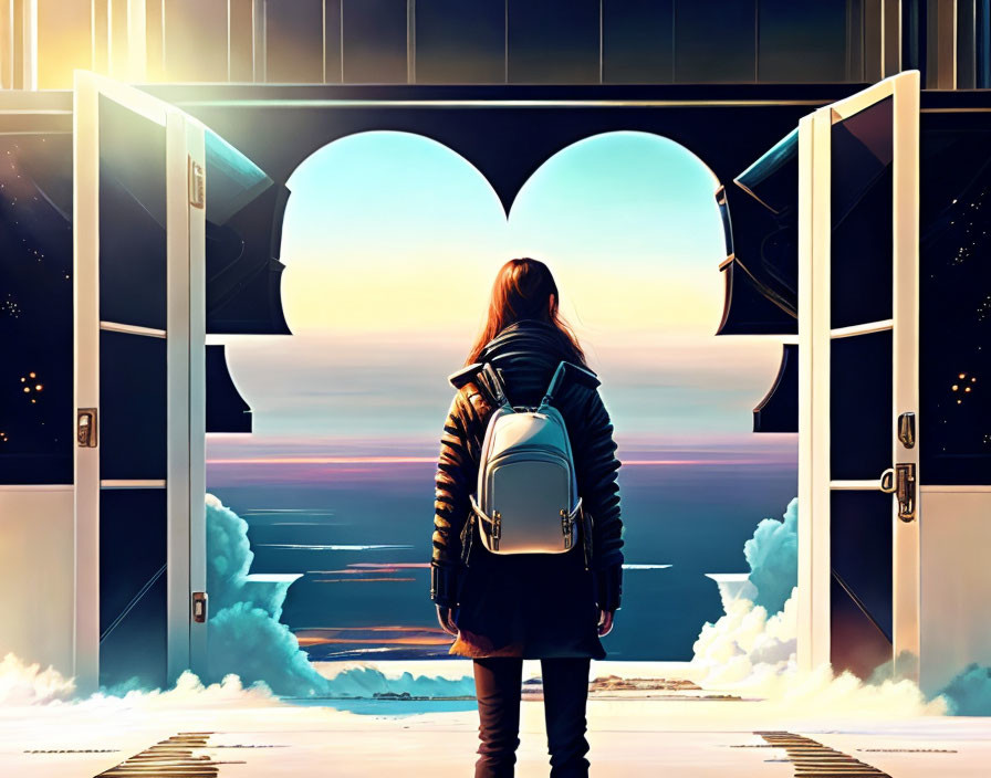 Person standing at open doorway with scenic sky view