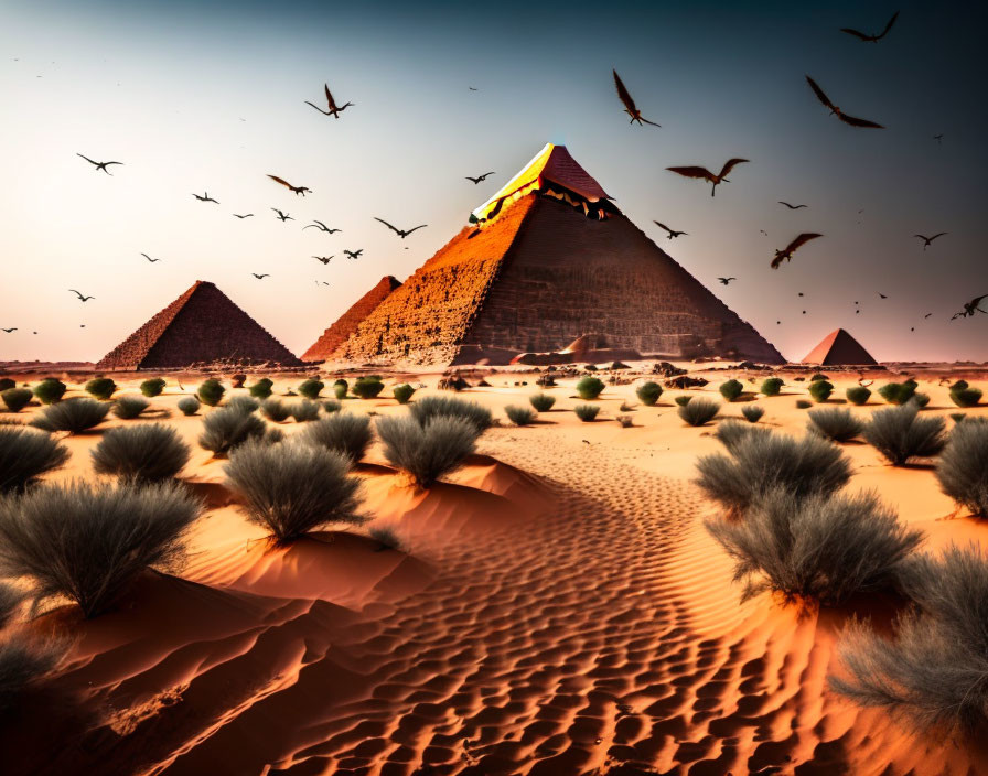 Birds flying over pyramids in desert landscape with hazy sky