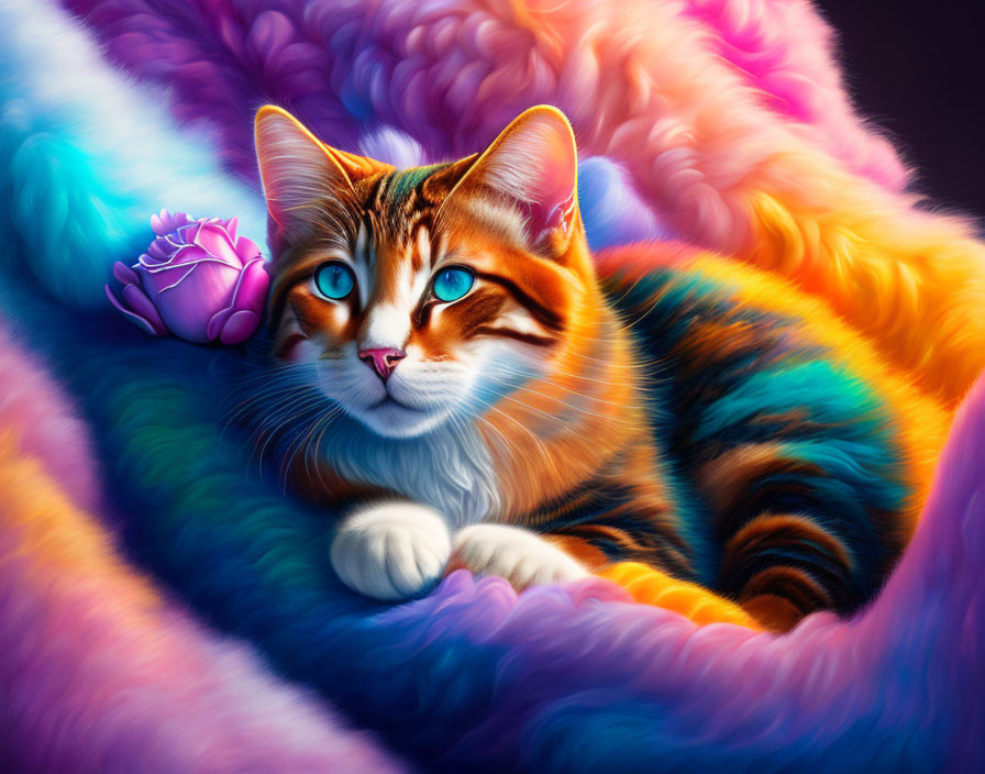 Colorful Cat Illustration Resting on Multicolored Textures with Blue Eyes and Pink Flower