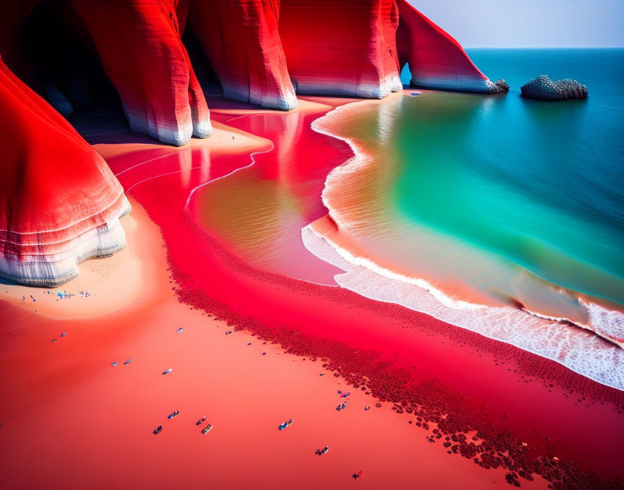 Vibrant Red Sand Shoreline with Turquoise Waves and Cliffs