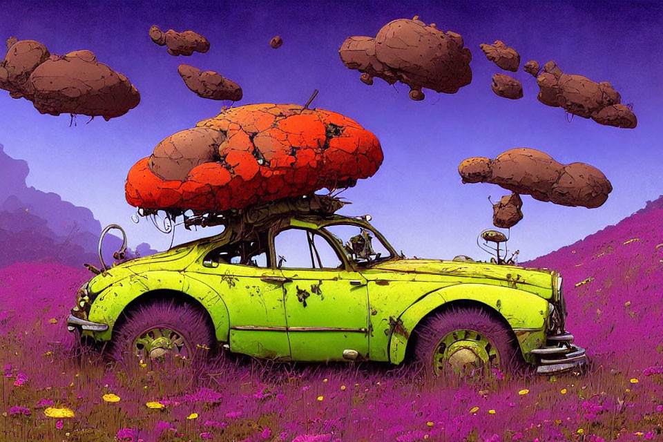 Surreal illustration of rusting car with mushroom cap in colorful landscape