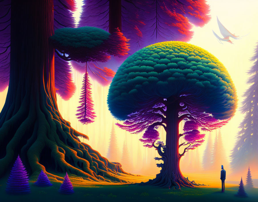 Colorful Oversized Trees in Fantastical Forest with Person and Surreal Creature