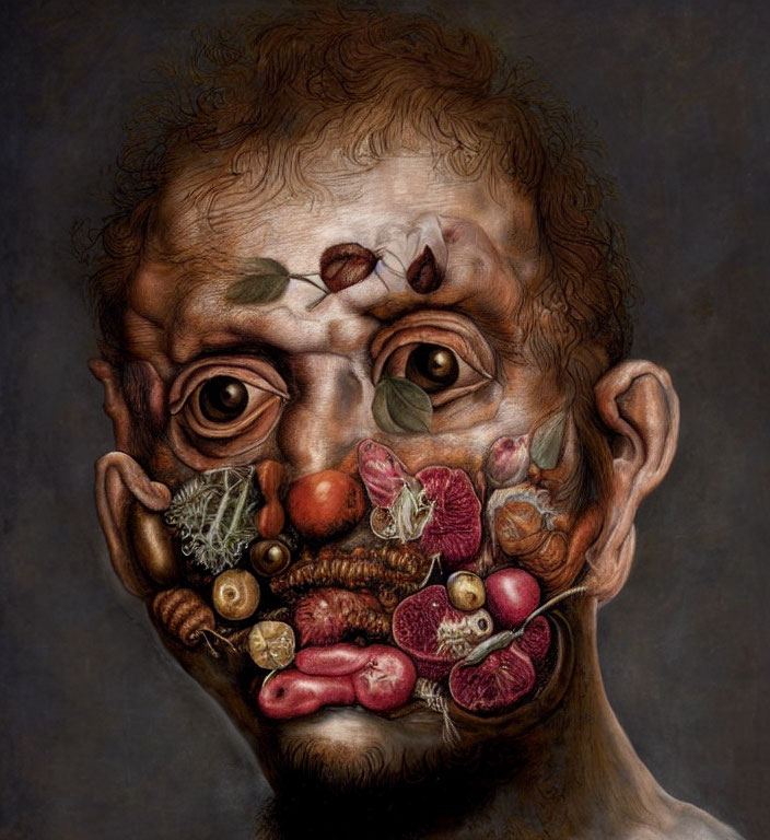 Surreal portrait featuring face with fruit and vegetable elements