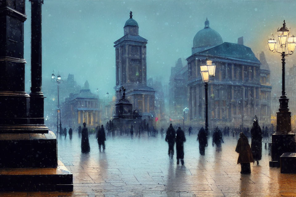 Silhouetted figures walking in snow-covered square at dusk