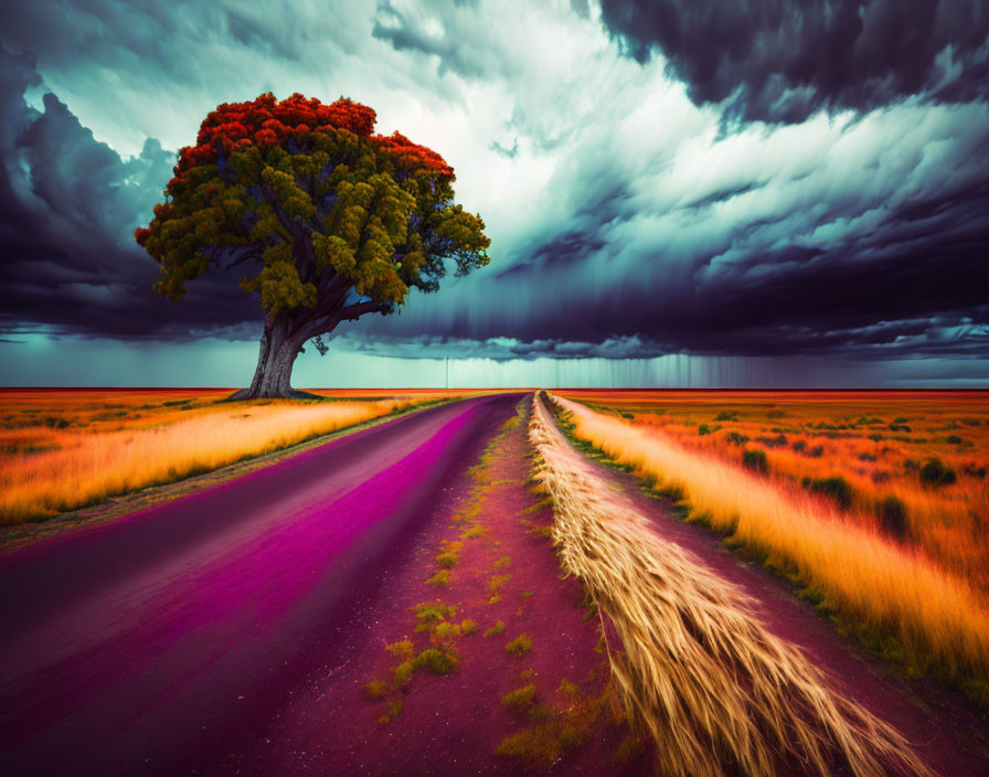 Surreal landscape with lone tree, red foliage, purple road, stormy sky