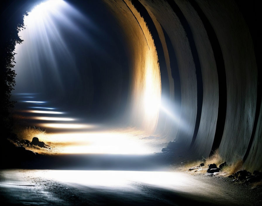 Dark tunnel with dramatic light rays illuminating dust particles.