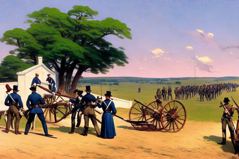 Historical military scene with soldiers, cannons, tree, tent under blue sky