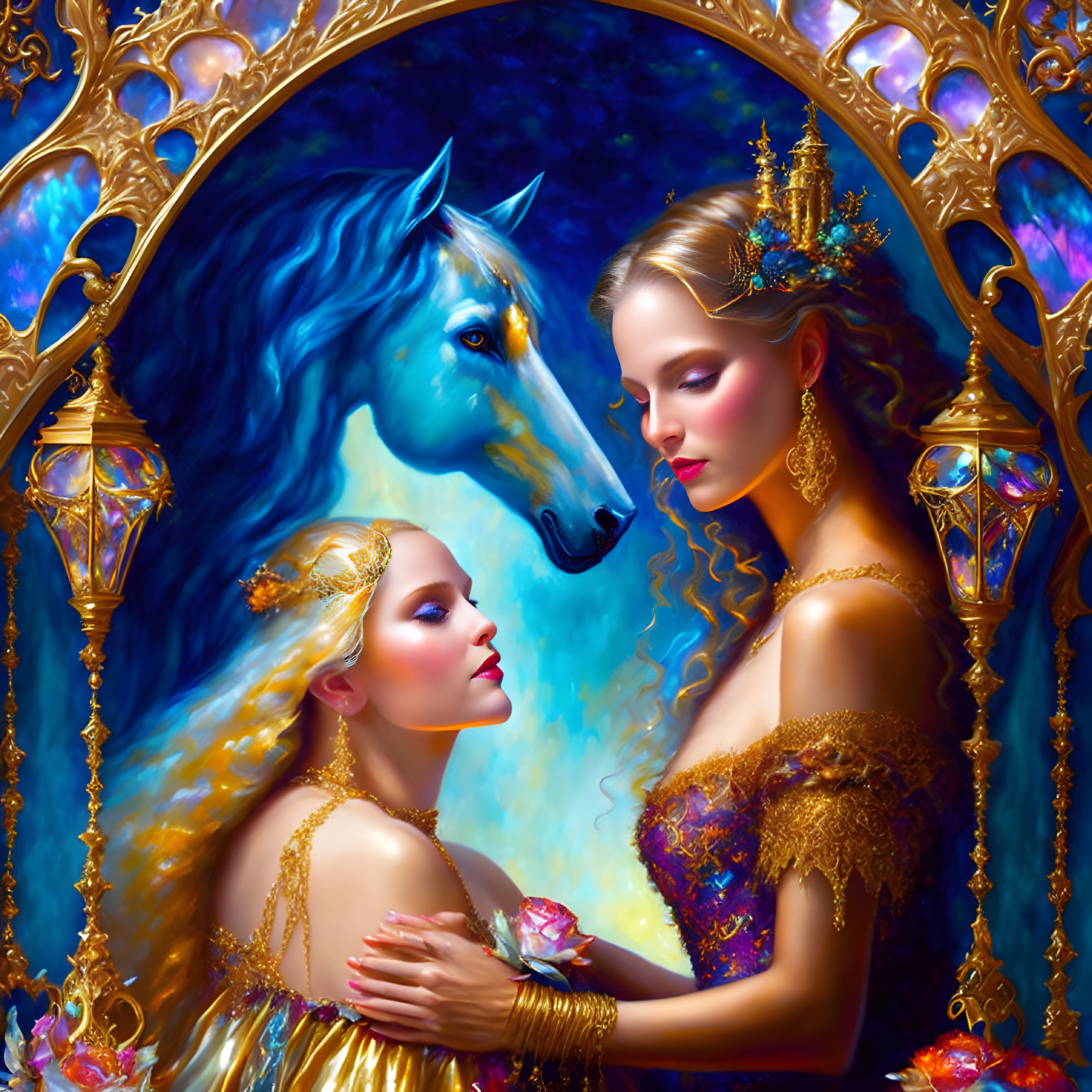 Golden gown woman and blue horse reflected in ornate mirror