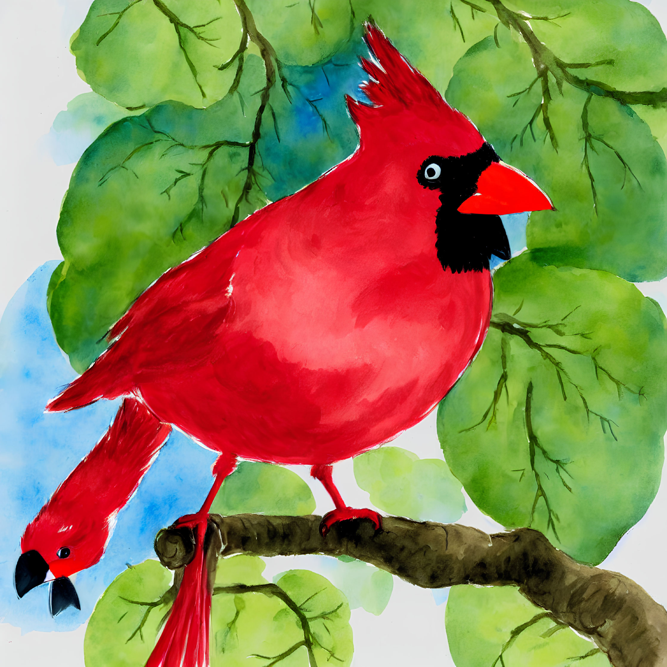 Colorful watercolor illustration: Red cardinal on tree branch