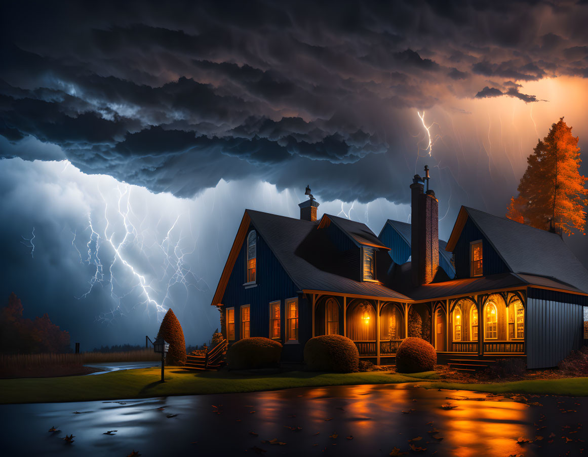 House with lit windows under dramatic thunderstorm & lightning strikes