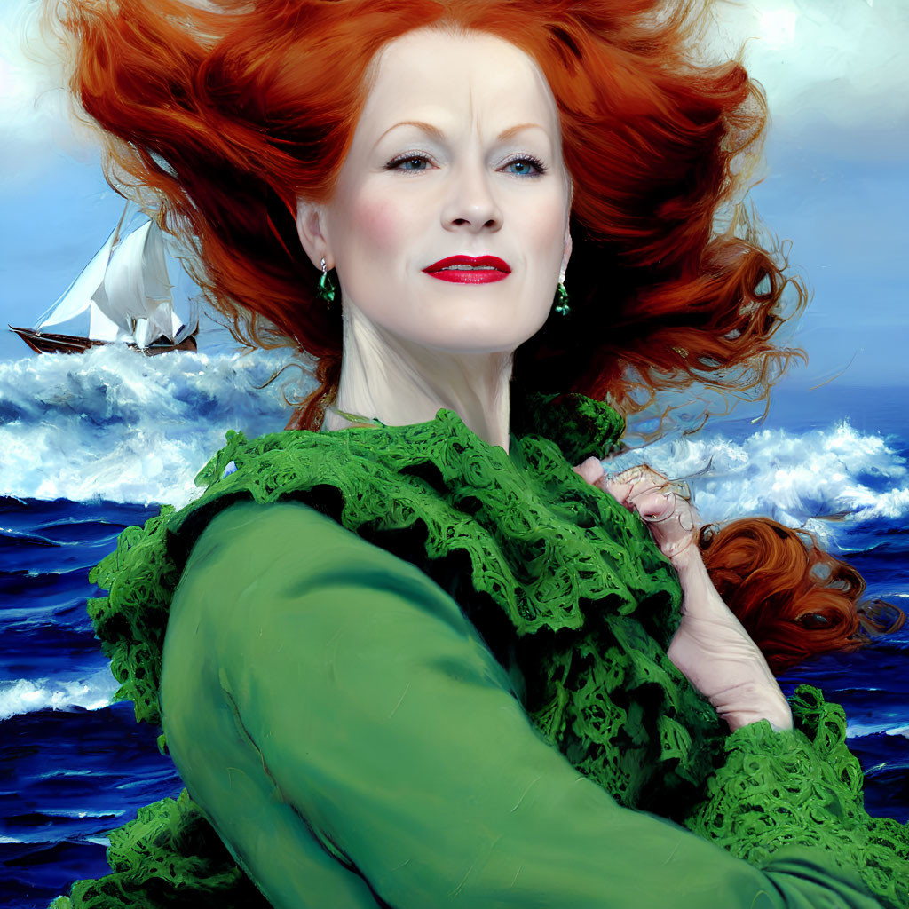 Vivid portrait of woman with red hair in green attire by ocean with sailboat