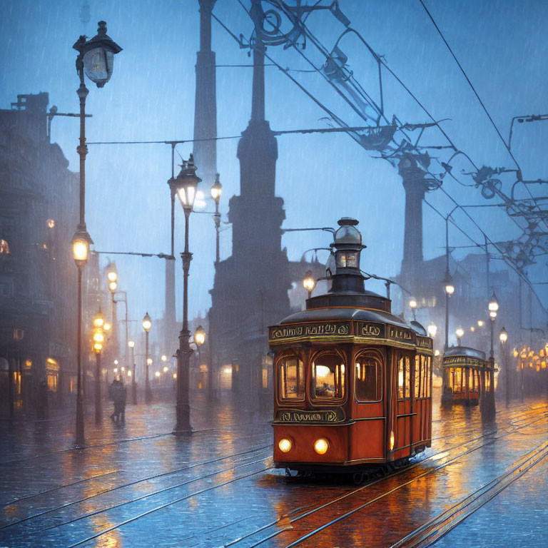 Vintage tram on rain-soaked, lamp-lit street at dusk