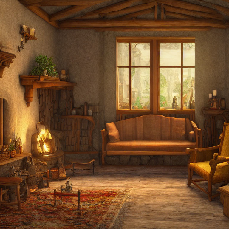 Rustic interior with fireplace, wooden furniture, and large window