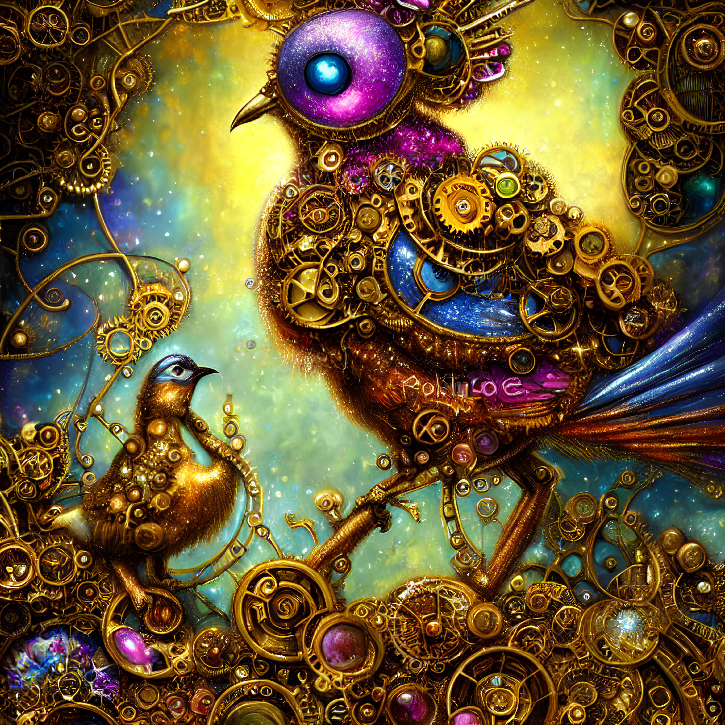 Mechanical bird with gears on golden clockwork background