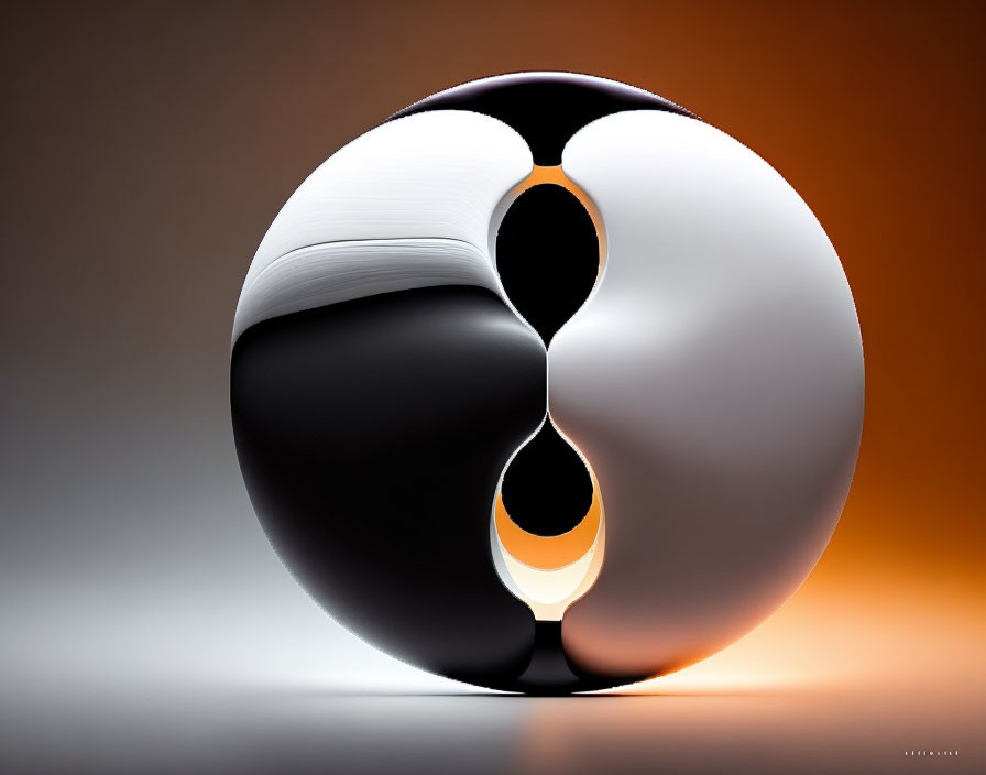 Reflective yin-yang sphere on orange gradient background