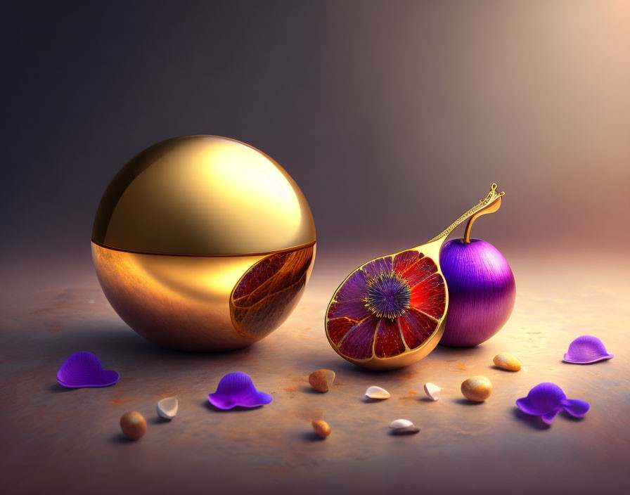 Golden sphere, blood orange slice, fig, flower petals, and seeds on warm background