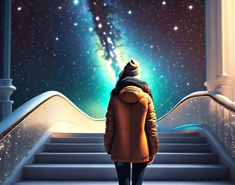 Person in Winter Jacket Gazes at Starry Night Sky from Staircase