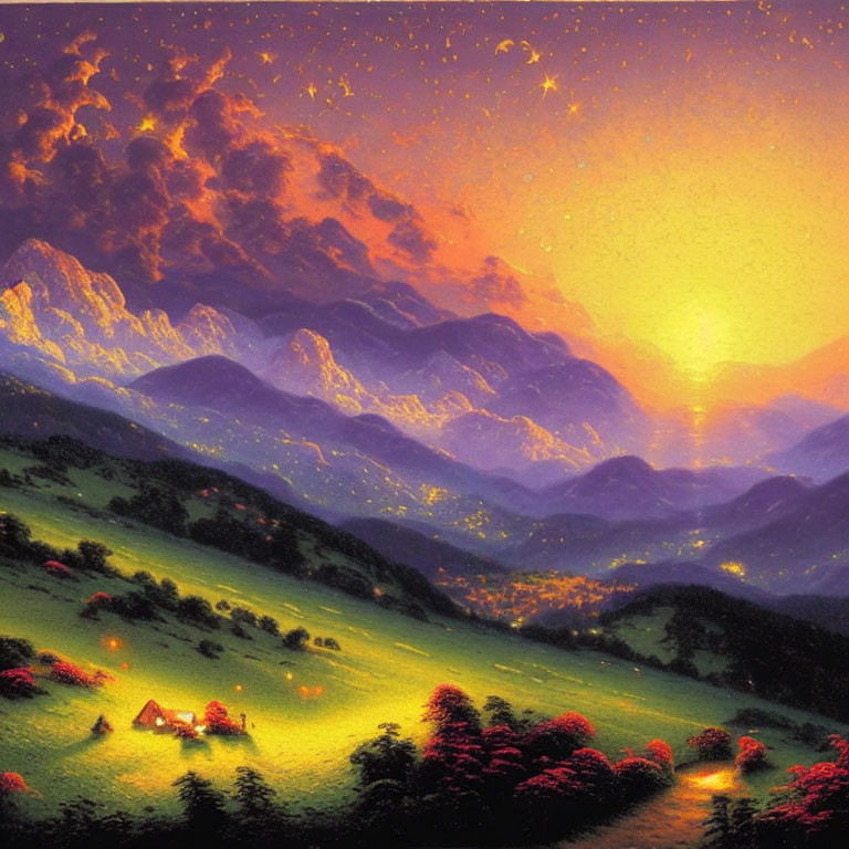 Colorful sunset painting over mountainous landscape with glowing houses and red flowering trees