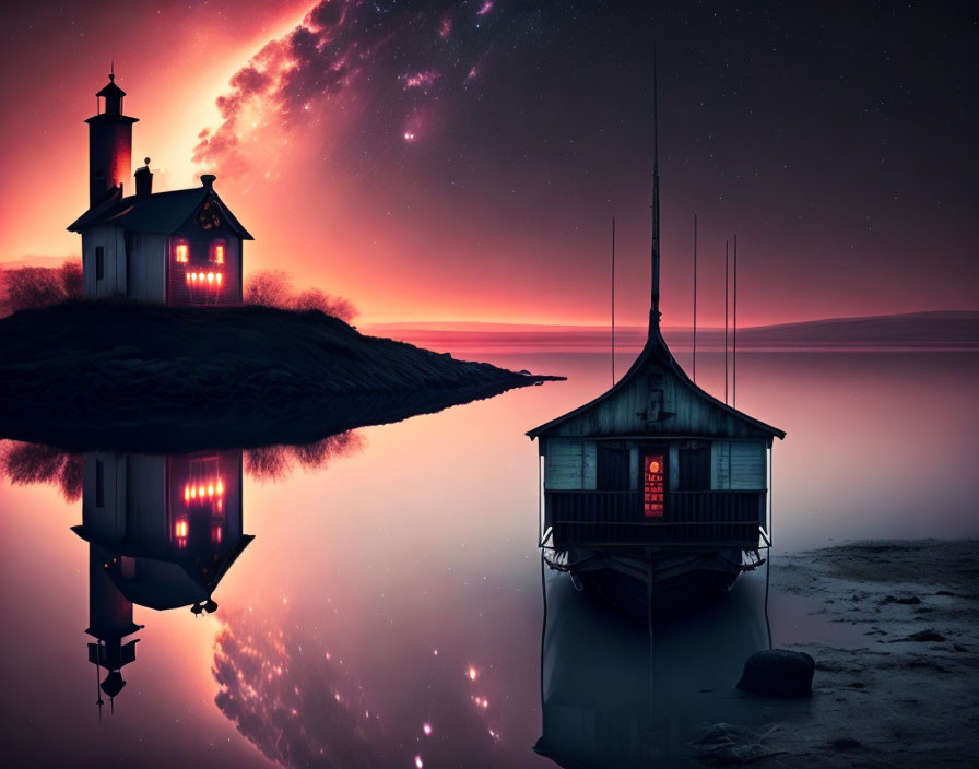 Tranquil twilight landscape with lighthouse, stilt house, and starlit sky