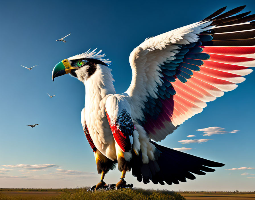 American flag-themed eagle in field with flying birds