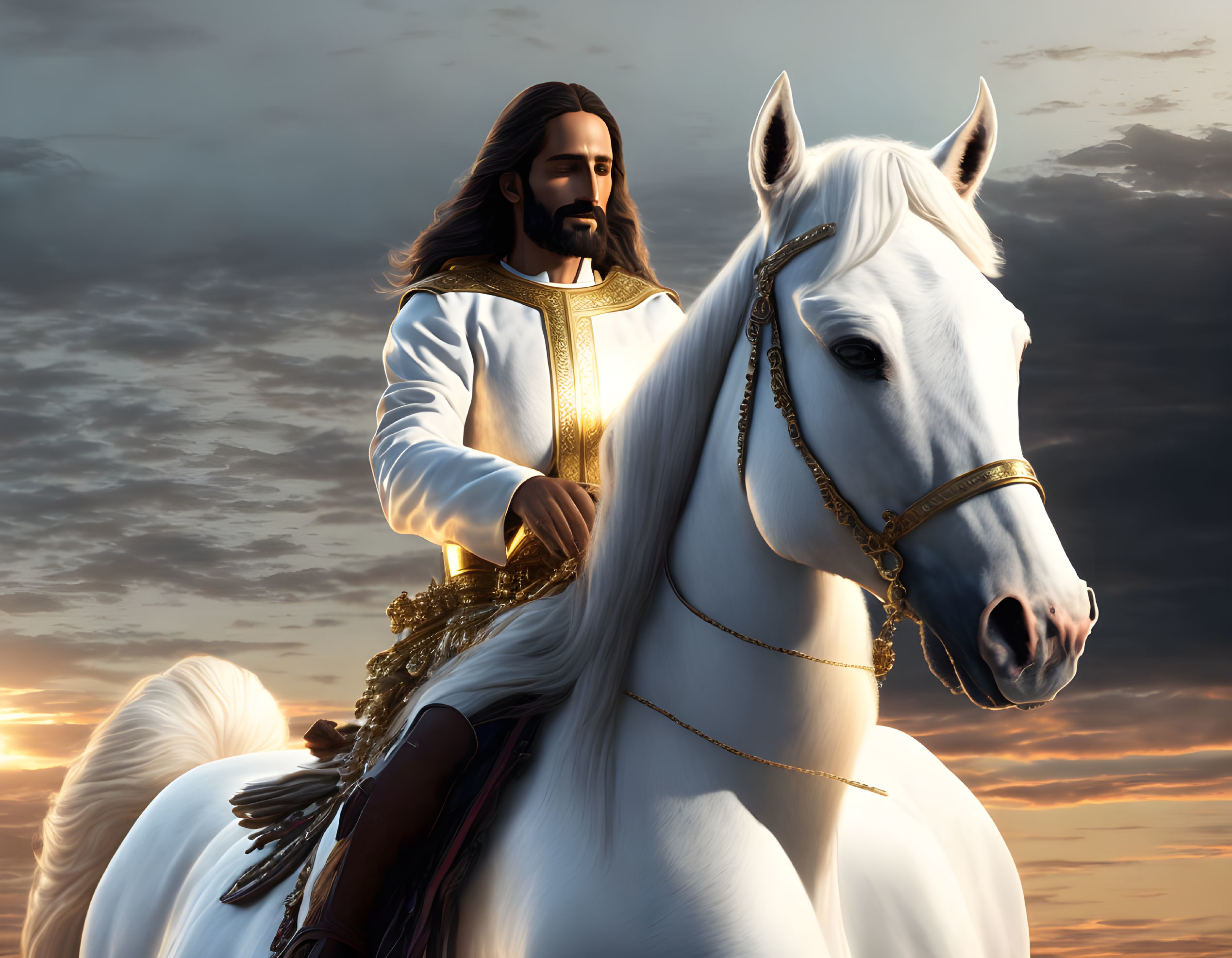 Digital painting of bearded man in white and gold attire on white horse under dramatic sky