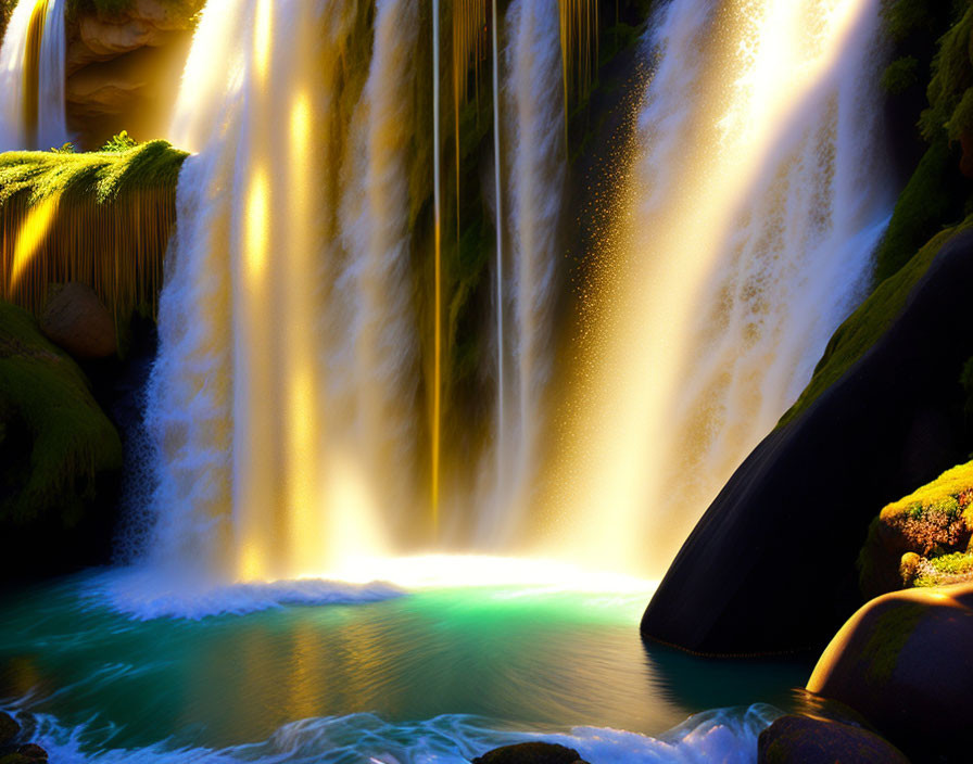 Natural sunlight cascades through misty waterfall into serene pool with moss-covered rocks