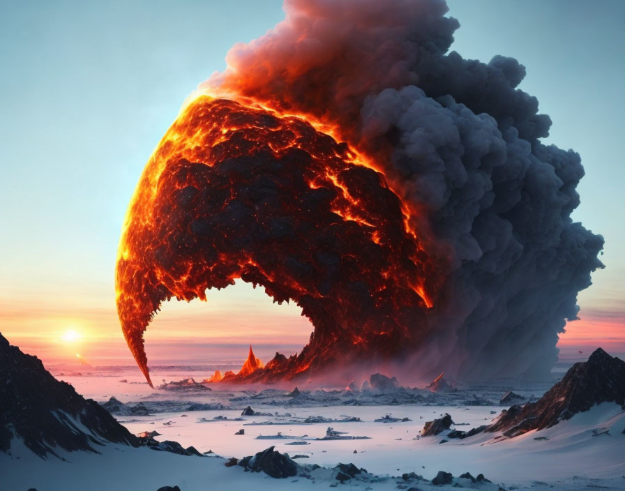 Explosion of lava and smoke in snowy sunset landscape