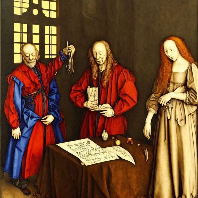 Medieval-themed painting with three figures in colorful robes.