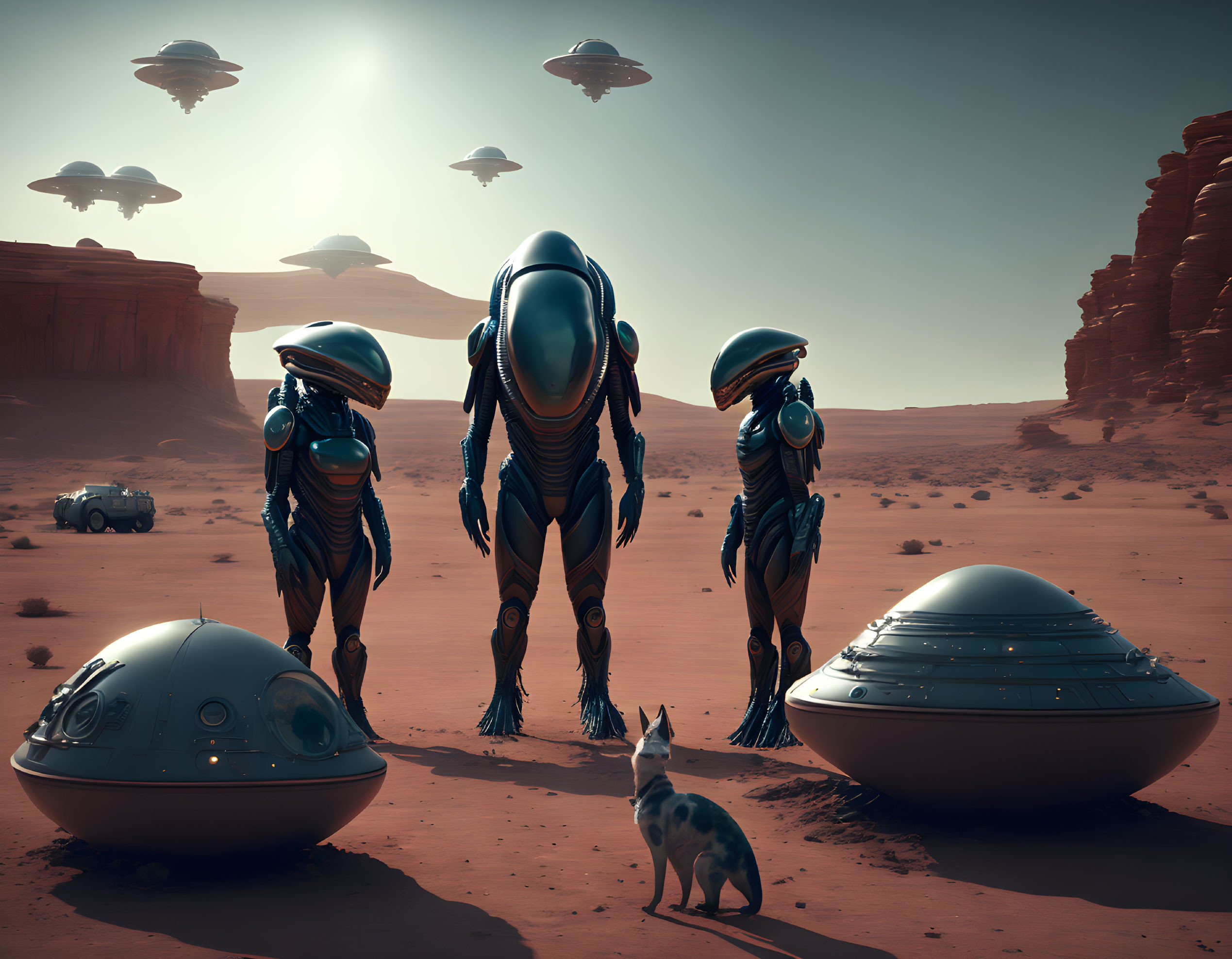 Humanoid robots, UFOs, and robots in desert landscape with dog.