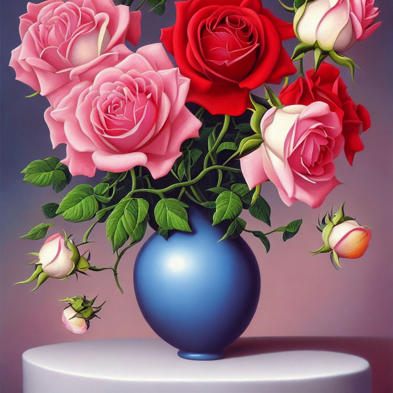 Colorful Pink and Red Rose Bouquet in Blue Vase on Pastel Background