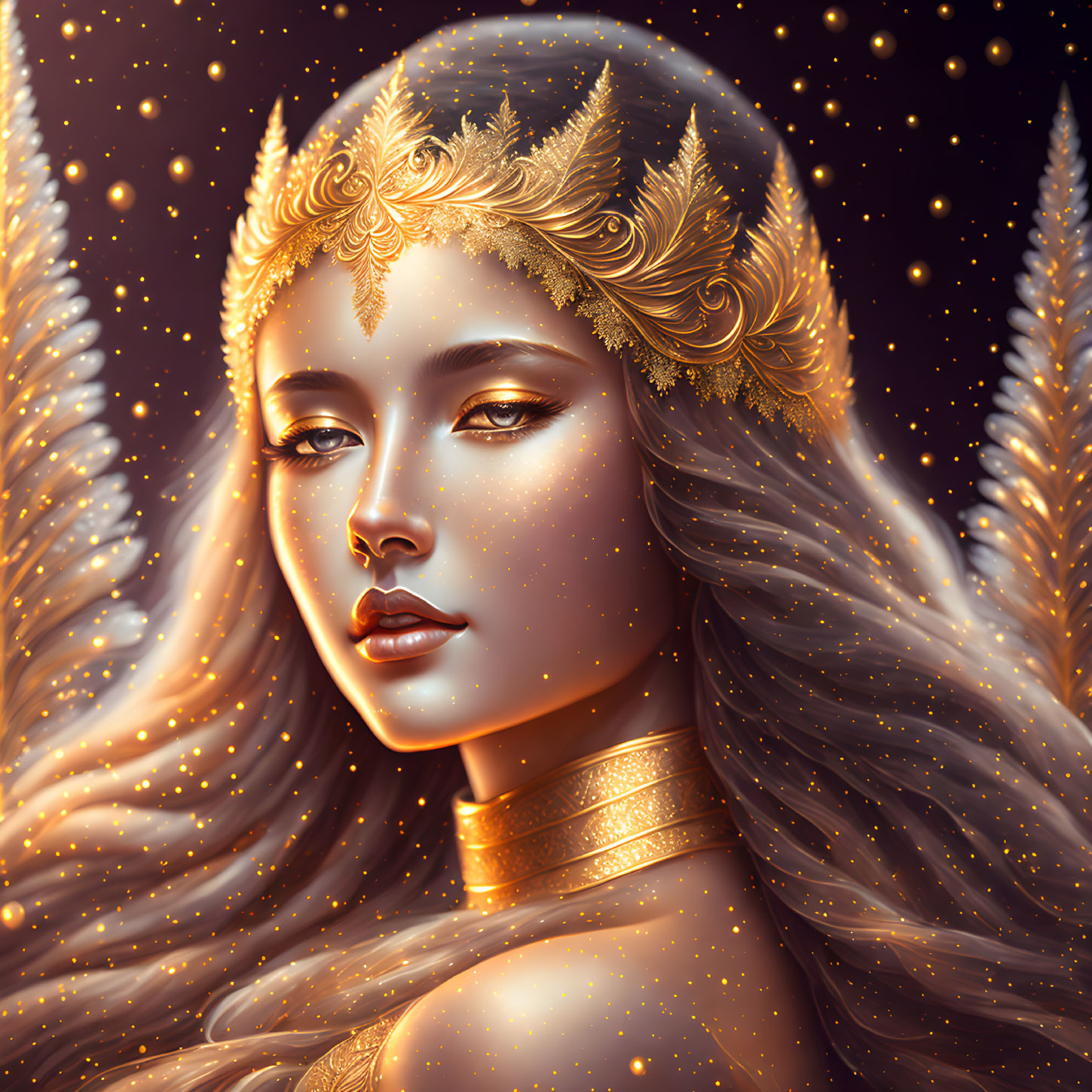 Woman portrait with golden headpiece, sparkly freckles, gold choker, in stard