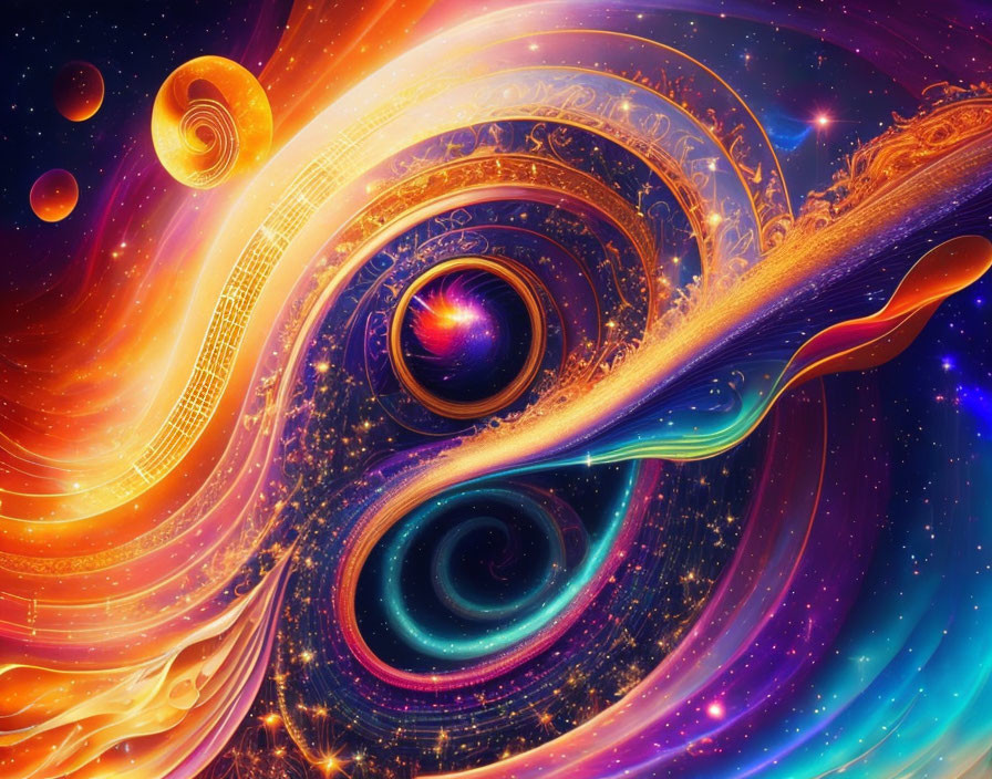 Swirling galaxies and celestial patterns in cosmic illustration