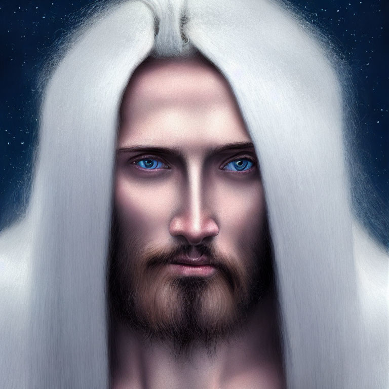 Close-Up Digital Portrait of Person with Blue Eyes and White Hair against Starry Night Sky