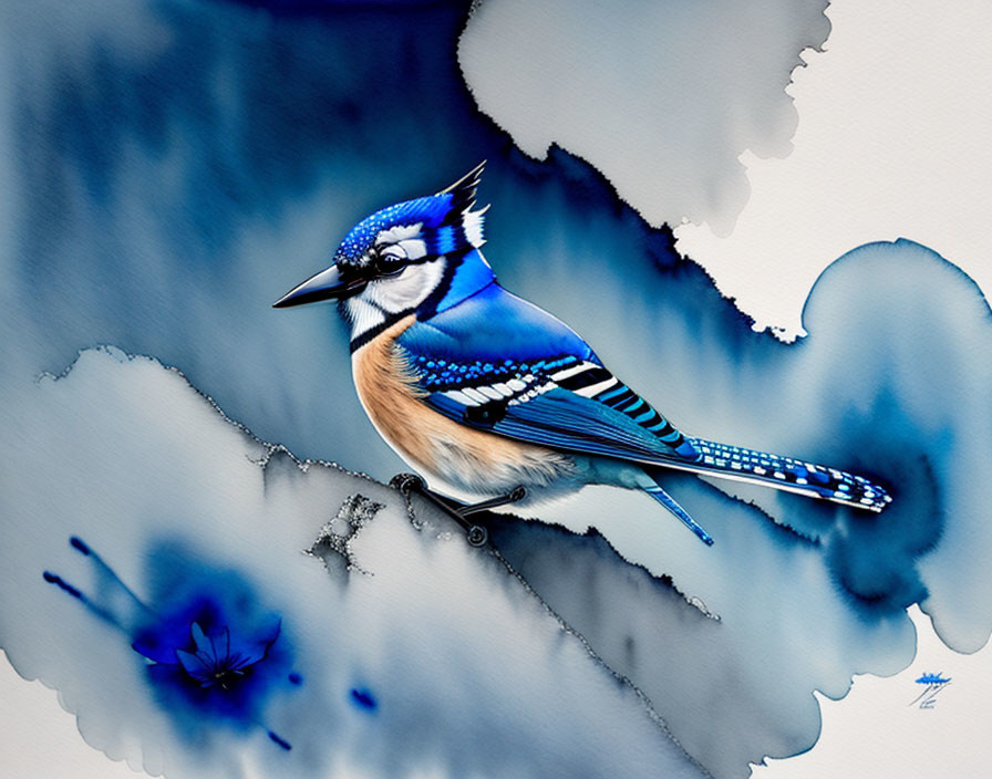 Blue Jay Perched on Branch with Abstract Watercolor Splashes