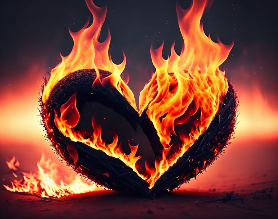 Heart-shaped figure engulfed in flames on smoky red background