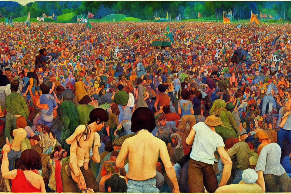 Detailed painting of dense crowd at outdoor event with diverse people, standing and sitting, creating lively atmosphere