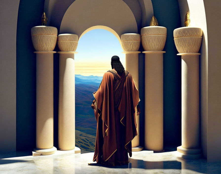 Robed Figure at Archway Surrounded by Mountains