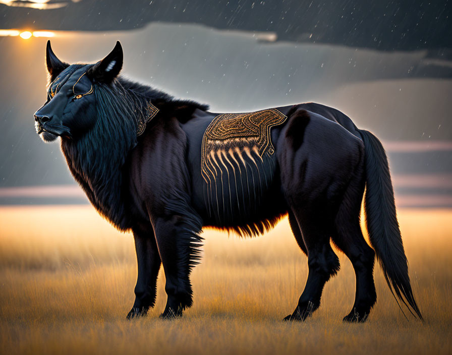 Majestic black bull with golden patterns in misty landscape