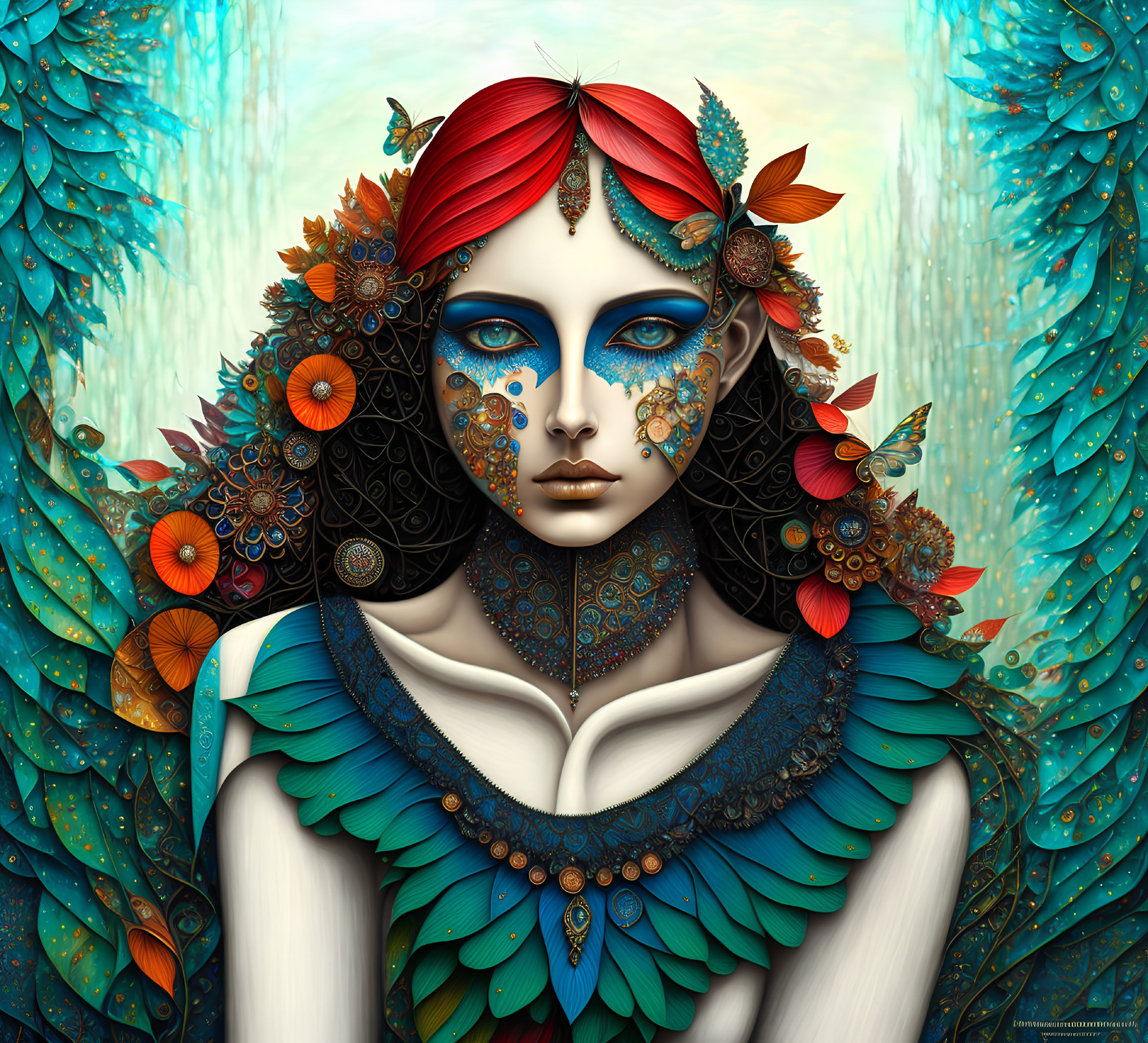 Vibrant digital portrait of woman with red hair, blue skin, and peacock feather cloak