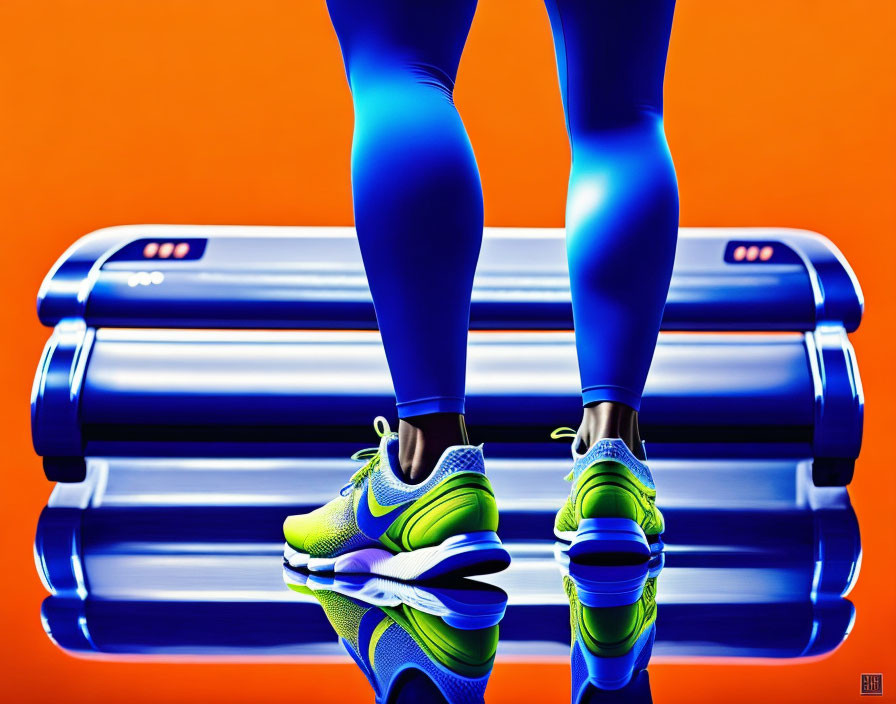 Person in Blue Leggings and Neon Green Sneakers by Tanning Bed on Orange Background