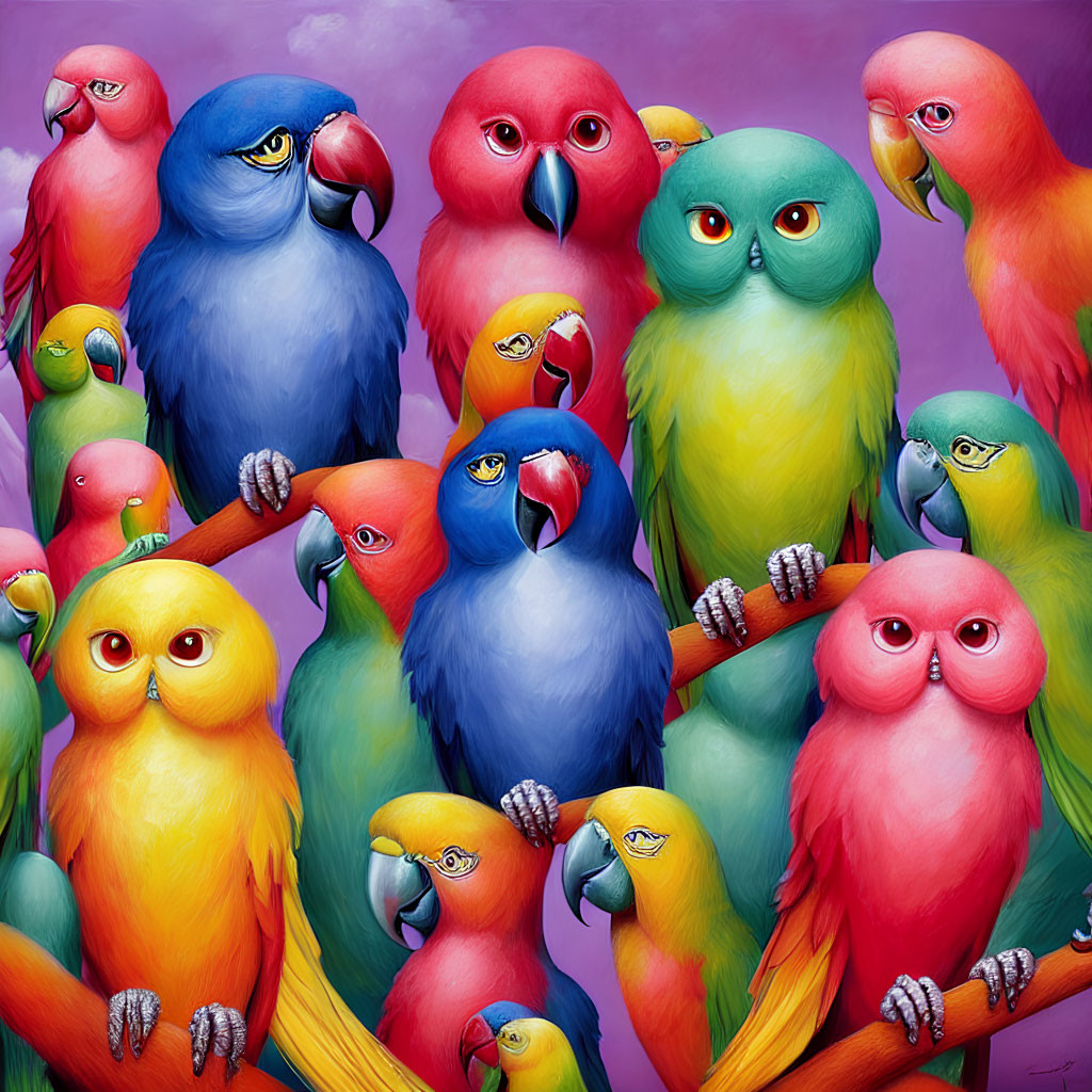 Vibrant Cartoon Parrots with Exaggerated Eyes on Branches