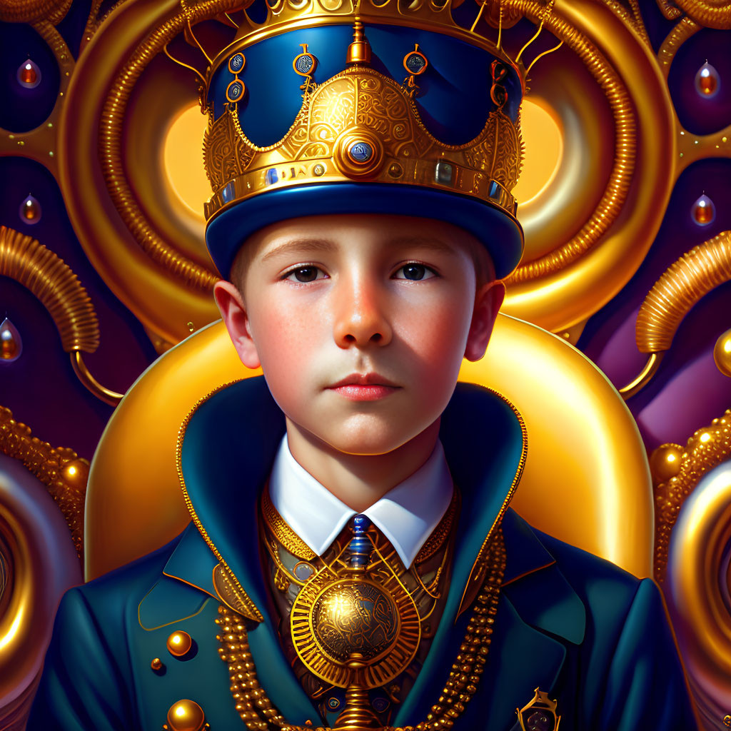 Regal boy in golden crown and attire against ornate backdrop