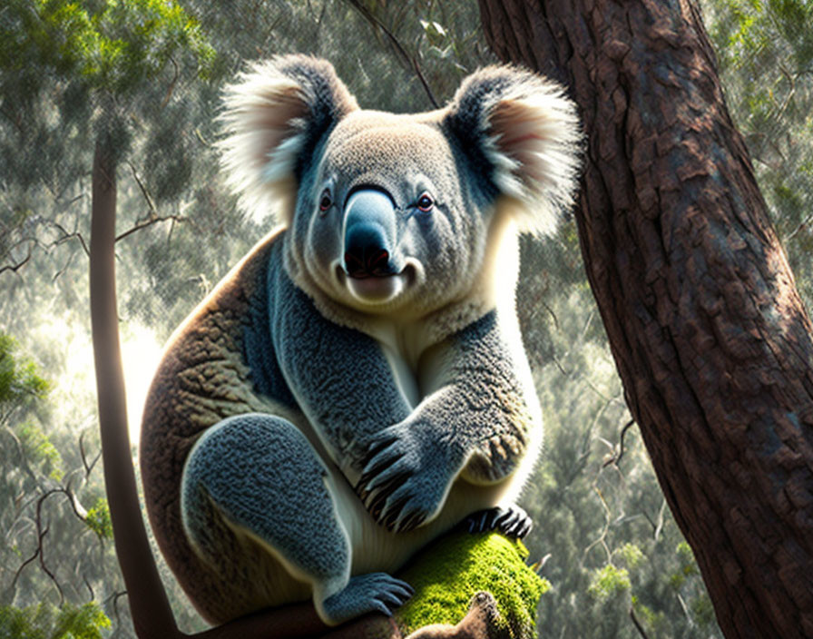 Koala in Eucalyptus Forest with Sunlight Filtering Through Canopy