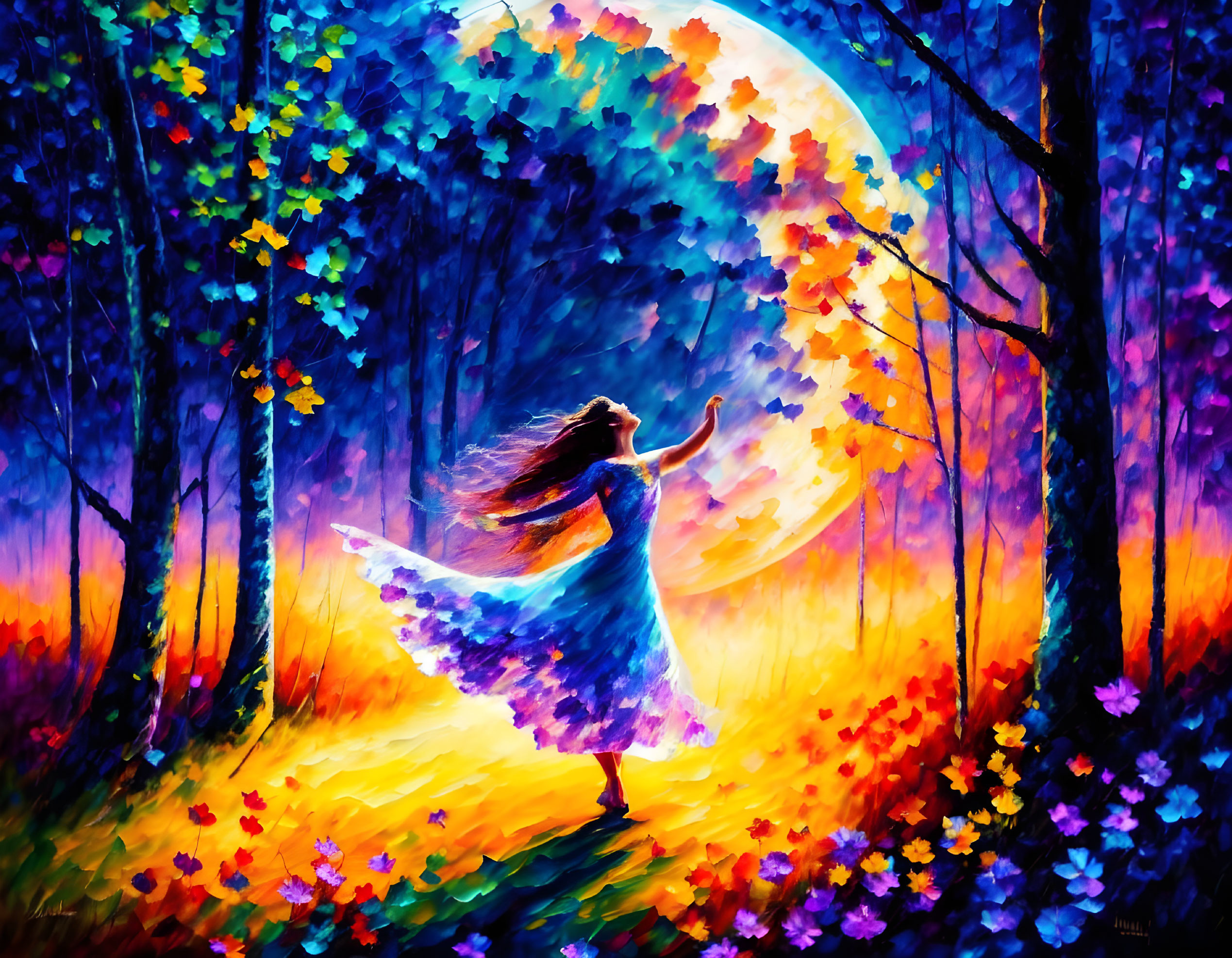 Vibrant forest painting: Woman dancing under large moon amid colorful flora