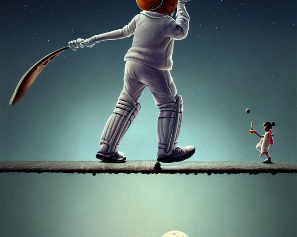 Astronaut and child play cricket on tightrope in space